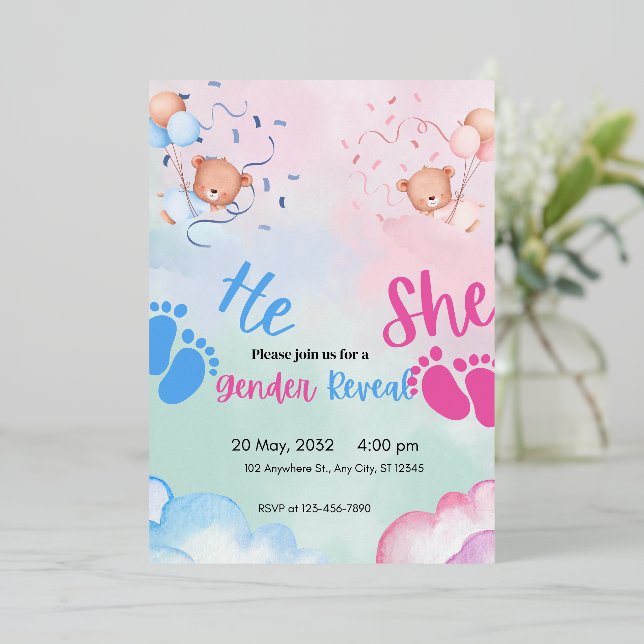 Invitación Con Relieve Metalizado Ducha reveladora de bebé (Anverso de pie)