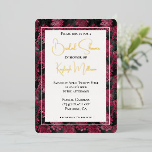 Invitación Con Relieve Metalizado Duche de Baño Floral Rojo Burgundy Negro