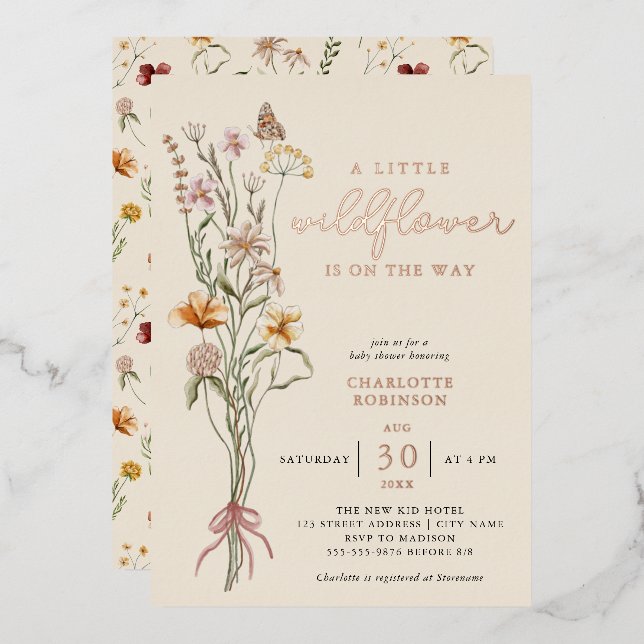 Invitación Con Relieve Metalizado Duche de bebé boho floral de flores silvestres rea (Anverso/Reverso)