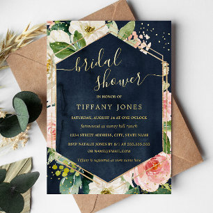 Invitación Con Relieve Metalizado Duche de Novia Floral Moderno con Toques de Rosa y