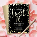 Invitación Con Relieve Metalizado Dulce 16 Cumpleaños Moderno Girly Negro Real Oro<br><div class="desc">"Feliz dulce 16". Envíe esta impresionante, brillante, divertida, festiva, moderna, personalizada invitación para una fiesta que recordar. La tipografía de la escritura de Relieve metalizado de oro real y el confetti superponen un fondo negro. En la parte trasera hay un fondo de Relieve metalizado de imitación de oro. Personalice el...</div>