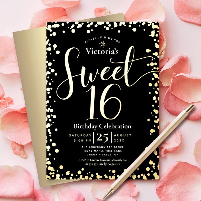 Invitación Con Relieve Metalizado Dulce 16 Cumpleaños Moderno Girly Negro Real Oro (Subido por el creador)
