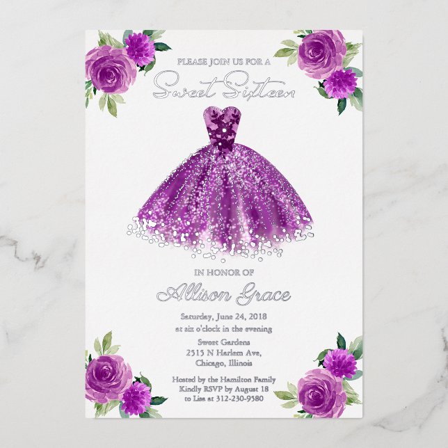 Invitación Con Relieve Metalizado Dulce 16 Floral acuarela Morado Gown Plata (Anverso)