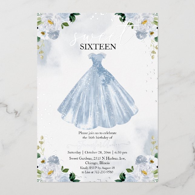 Invitación Con Relieve Metalizado Dulce 16 Flores acuáticas Vestido Bebé Plata Azul (Anverso)