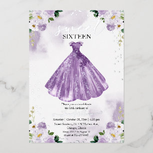 Invitación Con Relieve Metalizado Dulce 16 Flores acuáticas Vestidos Plata Púrpura