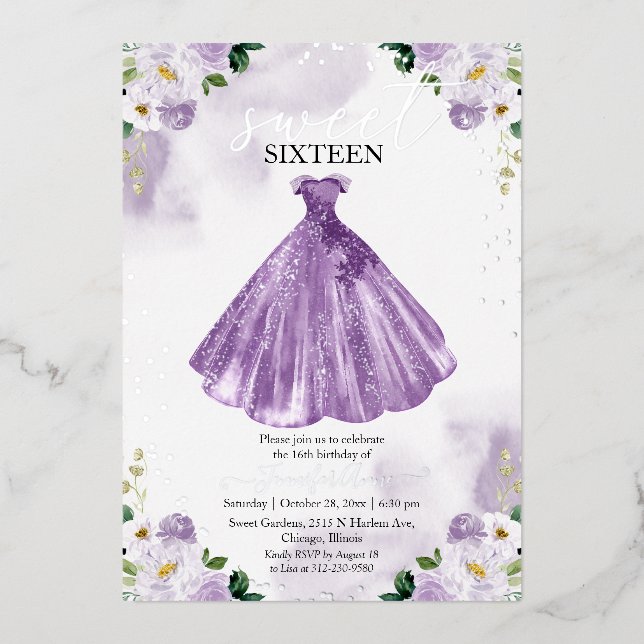 Invitación Con Relieve Metalizado Dulce 16 Flores acuáticas Vestidos Plata Púrpura (Anverso)