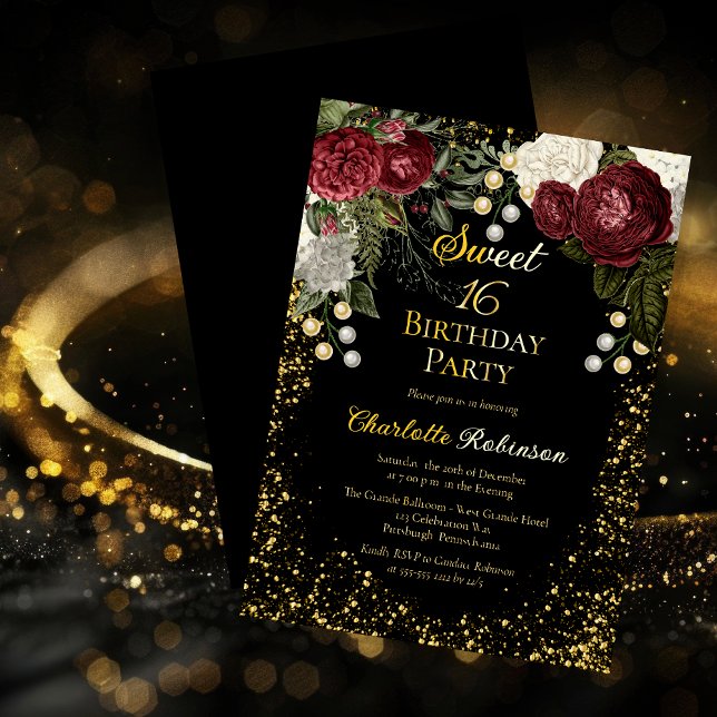 Invitación Con Relieve Metalizado Dulce 16 Glam Burgundy Rosa fiesta de cumpleaños f (Sweet 16 Glam Burgundy Rose Floral Birthday Party Gold Foil Invitation)