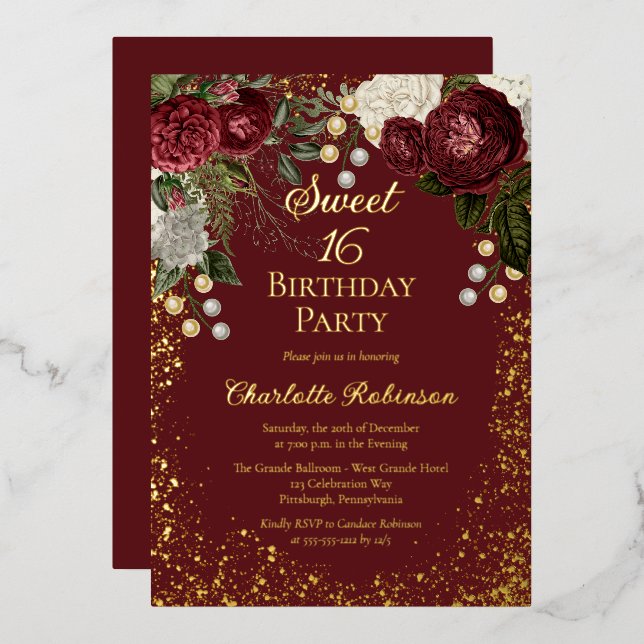 Invitación Con Relieve Metalizado Dulce 16 Glam Burgundy Rosa fiesta de cumpleaños f (Anverso/Reverso)