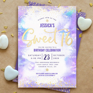 Invitación Con Relieve Metalizado Dulce 16 Script Morado Agua Glam Real Gold