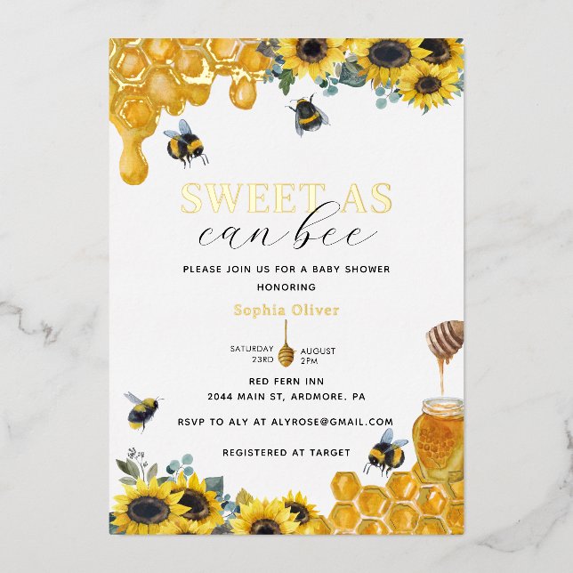 Invitación Con Relieve Metalizado Dulce acuarela como puede ser Baby Shower Gold (Anverso)