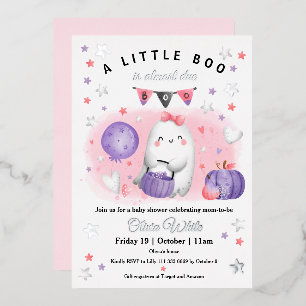 Invitación Con Relieve Metalizado Dulce de Halloween Niña Boo Rosa Morado Baby Showe