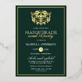 Invitación Con Relieve Metalizado Dulce de la mascarada de oro y verde esmeralda 16 