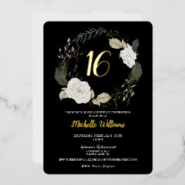 Invitación Con Relieve Metalizado Dulce de moda 16 cumpleaños fiesta floral Oro negr