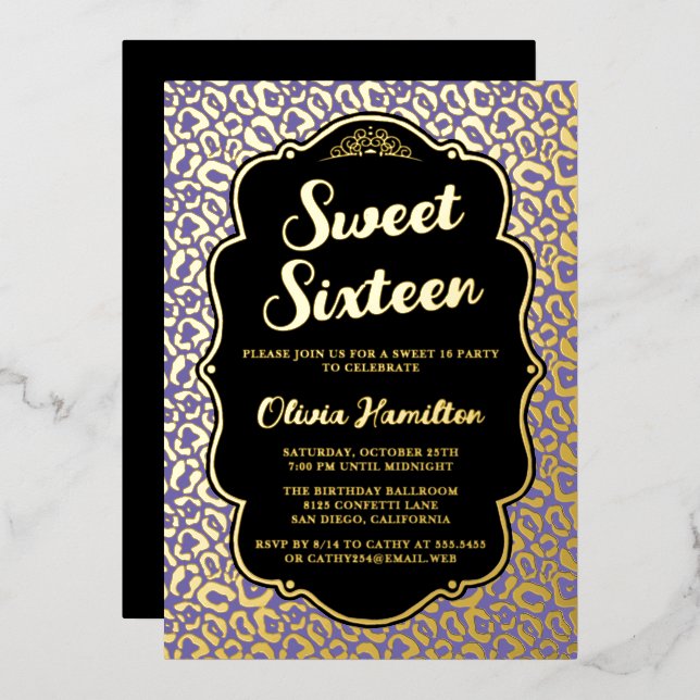 Invitación Con Relieve Metalizado Dulce de oro y leopardo morado 16 (Anverso/Reverso)