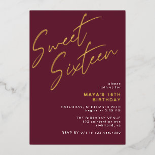 Invitación Con Relieve Metalizado Dulce Dieciséis Borgoña Rojo y Oro 16 cumpleaños