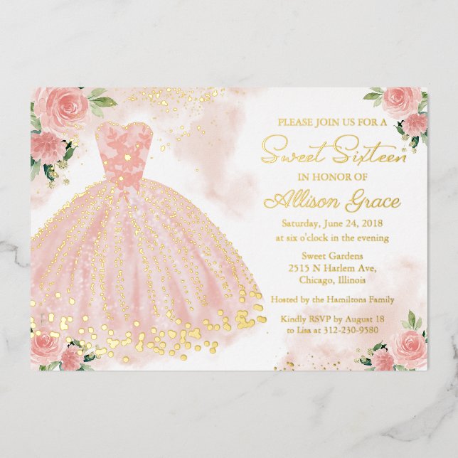 Invitación Con Relieve Metalizado Dulce Dieciséis Delicados Rubor Gown Gold (Anverso)