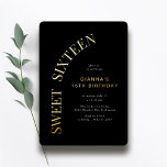 Invitación Con Relieve Metalizado Dulce Dieciséis | Guay Black and Gold 16th Birthda<br><div class="desc">Moderno y dulce 16 invitaciones con verdadero Relieve metalizado metálico. Negro y dorado.</div>
