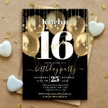 Invitación Con Relieve Metalizado Dulce guión de cumpleaños 16 globos Black Real Gol<br><div class="desc">"Feliz dulce 16". Envíe esta impresionante, simple, festiva, moderna, personalizada invitación real a una fiesta de Relieve metalizado de oro para un evento que recordar. Tipografía audaz, gráfica, blanca y escritura real manuscrita de Relieve metalizado dorado superponen globos de oro falsos y luces de cuerda brillantes de oro en un...</div>
