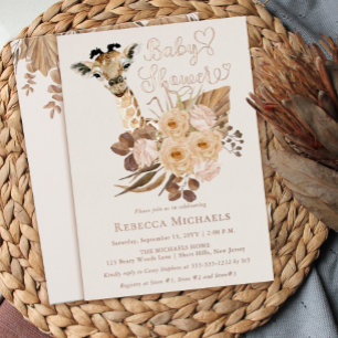 Invitación Con Relieve Metalizado Dulce jirafa boho pastos secos Baby Shower 