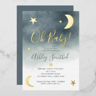 Invitación Con Relieve Metalizado Dulce luna dorada estrellas azul acuarela baby sho