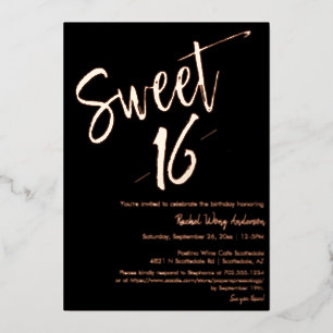 Invitación Con Relieve Metalizado Dulce Minimalista Negro Oro Rosa de cumpleaños 16