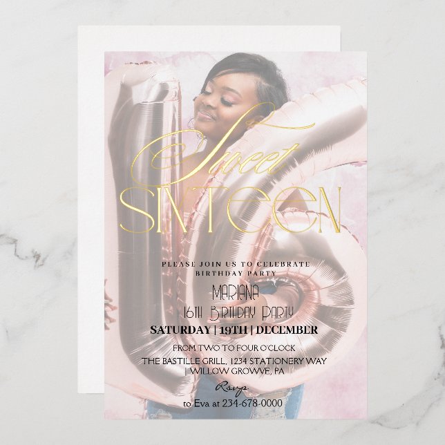 Invitación Con Relieve Metalizado Dulce moderno 16 Fotos en negro y oro Cumpleaños (Anverso/Reverso)