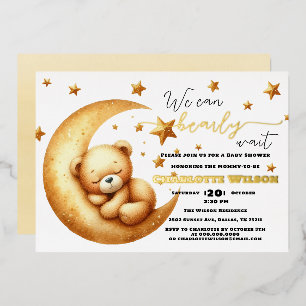 Invitación Con Relieve Metalizado Dulce Oso Durmiendo En Aquarela De Luna Baby Showe