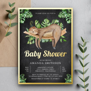 Invitación Con Relieve Metalizado Dulce Perezoso Durmiendo Pizarra Baby Shower Dorad