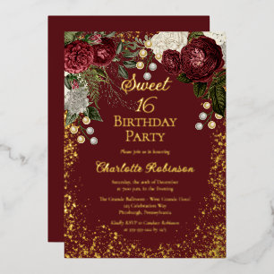 Invitación Con Relieve Metalizado Dulces 16 Glam Rosa Burgundy Floral Fiesta de Cump