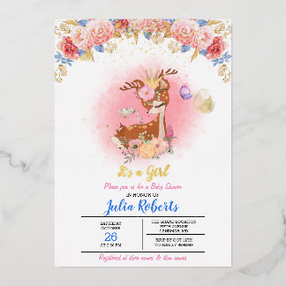 Invitación Con Relieve Metalizado Dulces ciervos florales rosados del bosque niña ba