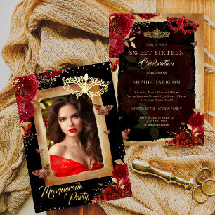 Invitación Con Relieve Metalizado Dulces Dieciséis Foto Fiesta de Máscaras Rosa Roja