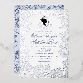 Invitación Con Relieve Metalizado Duste azul y Relieve metalizado plateado elegante 