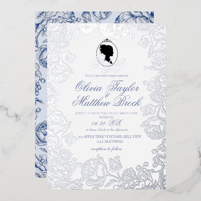 Invitación Con Relieve Metalizado Duste azul y Relieve metalizado plateado elegante  (Anverso/Reverso)