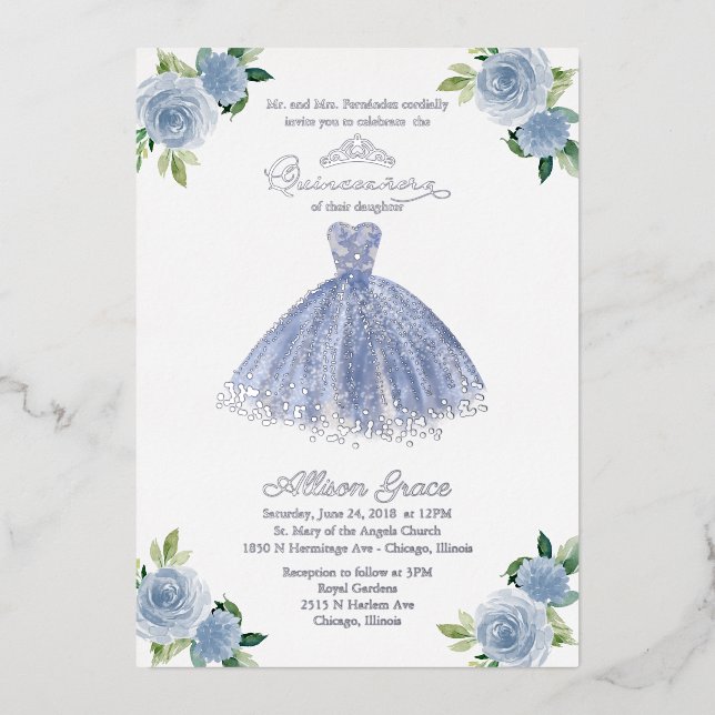 Invitación Con Relieve Metalizado Duste Blue Dress Quinceanera (Anverso)