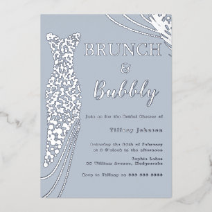 Invitación Con Relieve Metalizado Duste Blue & Silver Bridal Shower Brunch & Bubbly