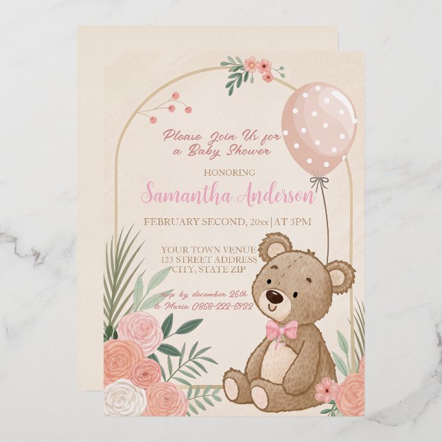Invitación Con Relieve Metalizado Duste Boho rosa Teddy Bear Balloon Bear Baby (Anverso/Reverso)