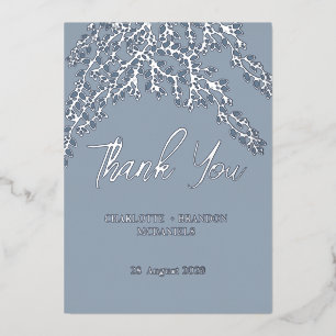 Invitación Con Relieve Metalizado Duste hojas azules Boda Gracias Silver