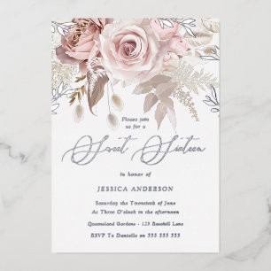 Invitación Con Relieve Metalizado Duste Rosa y Relieve metalizado plateado Floral Ru