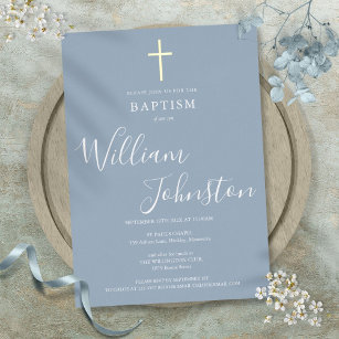 Invitación Con Relieve Metalizado Dusty Baptismo Azul Christening Elegante Cruz de O