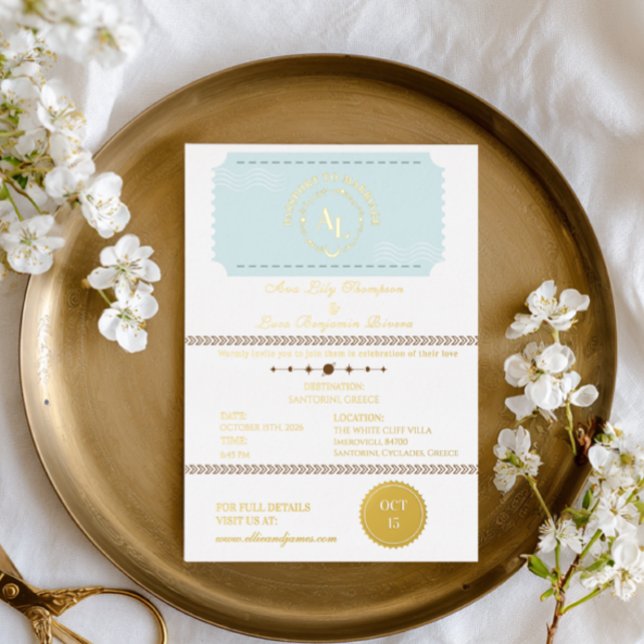 Invitación Con Relieve Metalizado Dusty Blue Boarding Pass Boda Cósmico (Subido por el creador)