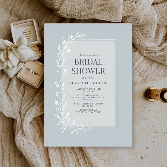 Invitación Con Relieve Metalizado Dusty Blue Botanical Floral Bridal Shower Silver (Subido por el creador)