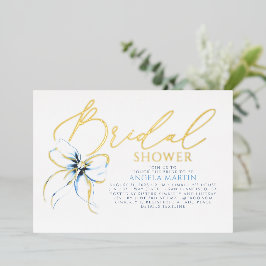 Invitación Con Relieve Metalizado Dusty Blue Bow Elegant Script Modern Bridal Shower