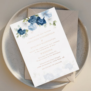 Invitación Con Relieve Metalizado Dusty Blue Floral Boda Rosa Gold