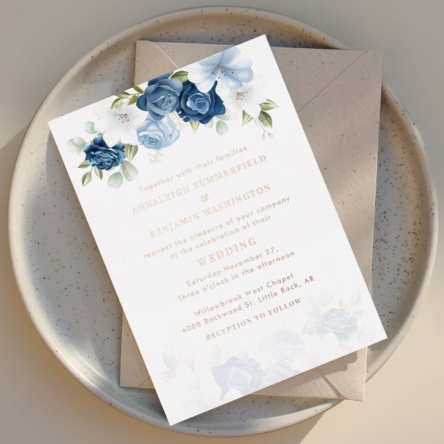 Invitación Con Relieve Metalizado Dusty Blue Floral Boda Rosa Gold (Dusty Blue Floral Watercolor Rose Gold Foil Typography Wedding Invitation)