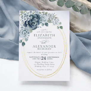 Invitación Con Relieve Metalizado Dusty Blue Floral Elegante Boda Botánico Oro