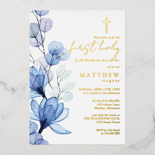 Invitación Con Relieve Metalizado Dusty Blue Floral First Holy Communia Gold
