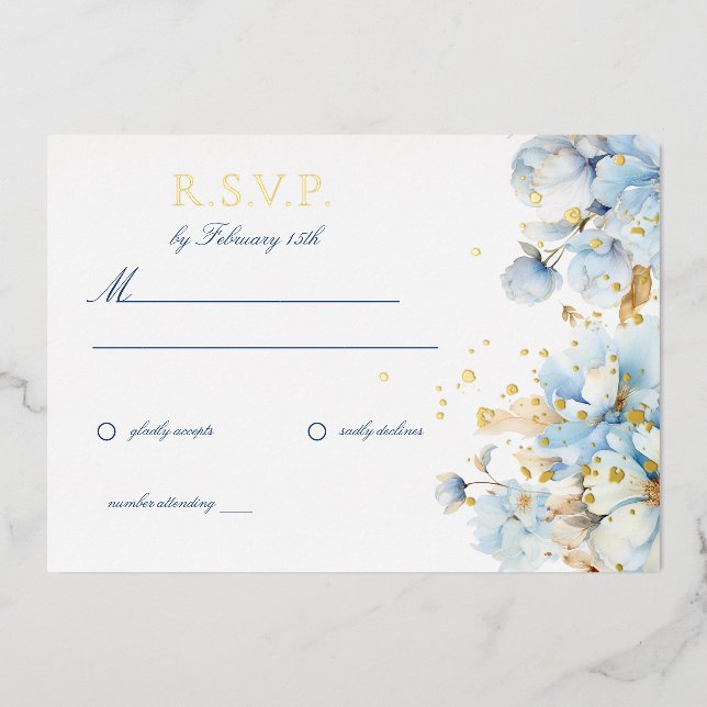 Invitación Con Relieve Metalizado Dusty Blue Floral Wedding RSVP (Anverso)