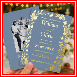Invitación Con Relieve Metalizado Dusty Blue Gold Wildflower Photo Boda