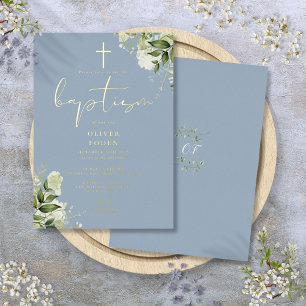 Invitación Con Relieve Metalizado Dusty Blue Greenery Monograma Baptismo Oro