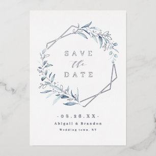 Invitación Con Relieve Metalizado Dusty Blue Greenery Silver Geometric Guardar fecha